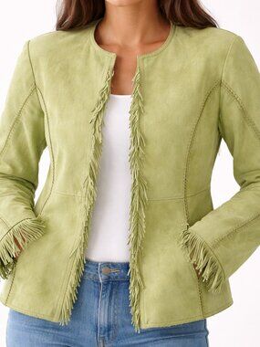 Ashley Stewart Suede Jacket Womens 14/16 Kiwi Green Fringe Boho Festival Moto